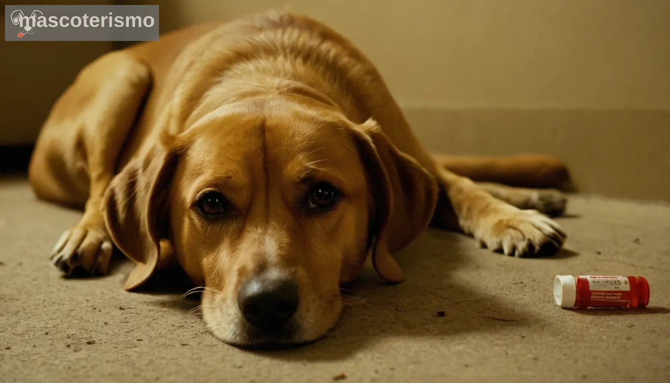 un perro mostrando signos de angustia, vómitos visibles o diarrea, posiblemente acostado incómodamente, entorno con productos de tratamiento de pulgas descartados