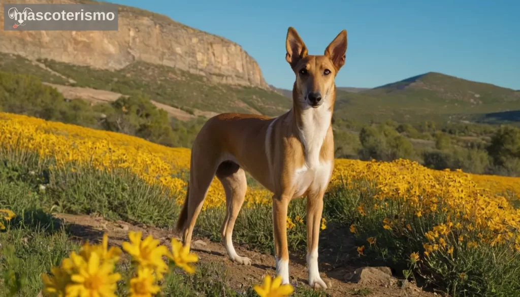 - Gallo Español con piel de abrigo pesado de pie en un campo - Amarillo dorado tono de piel de color dorado de color amarillo dorado visible bajo el pelo - Cielo azul claro y fondo ligero reflejo en pétalos brillantes suaves de flores silvestres - Paisaje abierto con elementos naturales como árboles