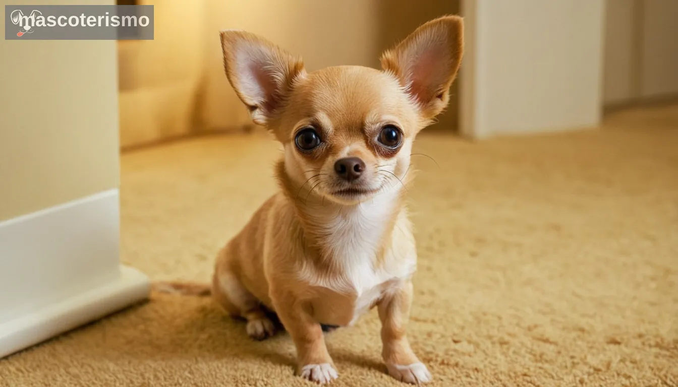 Un pequeño Chihuahua de pie en los cuatros; una expresión suave con ojos brillantes mirando al espectador; color suave piel mezclando en entornos de felpa que sugieren calidez y comodidad; fondo insinuando en ambientes interiores o exteriores familiares a los dueños de mascotas, posiblemente con elementos sutiles de cuidado veterinario como un kit médico