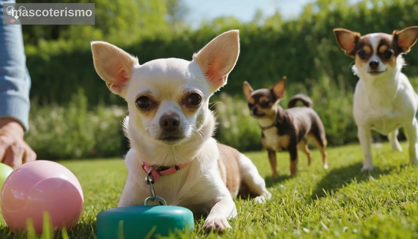 - Un adulto sano Chihuahua acostado en un parque soleado en hierba- Pequeño Chihuahua juguetón y energético corriendo con amigos en el perro correr- Una pareja afectuosa abrazando sus pequeños Chihuahuas interior, rodeado de juguetes - Un veterinario examinar suavemente un Chihuahua reposo en una sala de espera animal