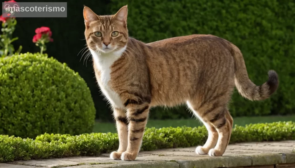 Un gato doméstico europeo marrón con una capa de media longitud que se encuentra en un entorno cotidiano como el hogar o el jardín; varios tonos visibles para sugerir diversidad entre individuos y razas Detalles más destacados características tales como textura de piel