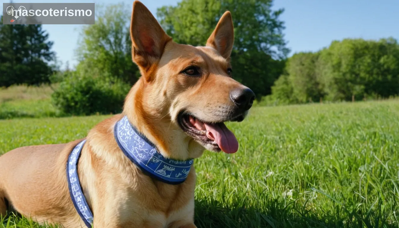 perro en pose relajada, fondo verde hierba, cielo azul claro, sol que brilla por encima, árboles que proporcionan sombra, feliz dueño del perro cerca, pet food bowl visible, marca logo discretamente mostrado en collar o vendana