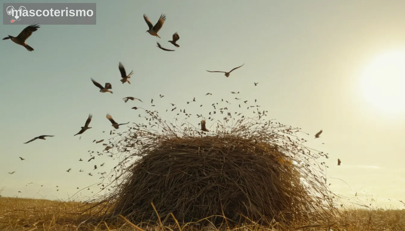 aves volando en cielo abierto, actividades de construcción de nidos, diversas dinámicas de ovejas, interacciones juguetonas entre individuos, forraje en semillas y granos, yuxtaposición de libertad vs cautiverio, detalles de cerca de plumas, iluminación clara de la luz del día, colores cálidos que reflejan el sol, representación natural del hábitat