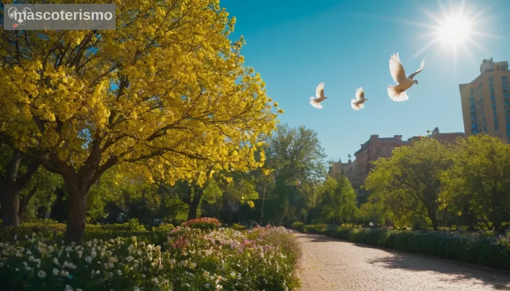 - Una escena colorida con múltiples palomas encaradas o volando libremente fuera en un entorno de parque de la ciudad; - La presencia de flora diversa como flores y arbustos entre los cuales puntos podrían sugerir aves anidando o descansando