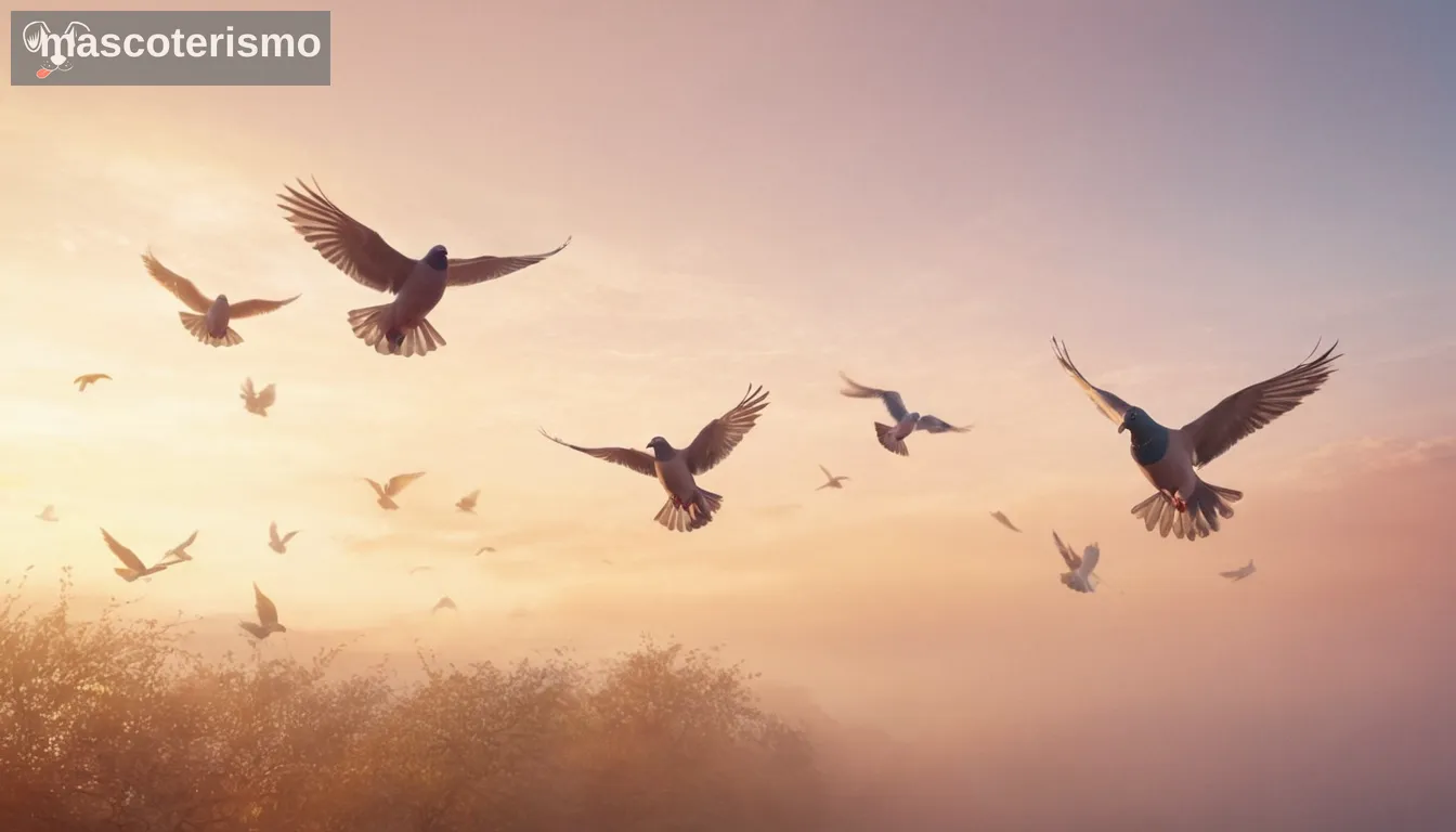 Pigeons en un entorno de parque con gente alimentándolos, colorido fondo del cielo sugiriendo buen tiempo, ambiente alegre que implica la salud positiva de las aves y el ambiente de cuidado