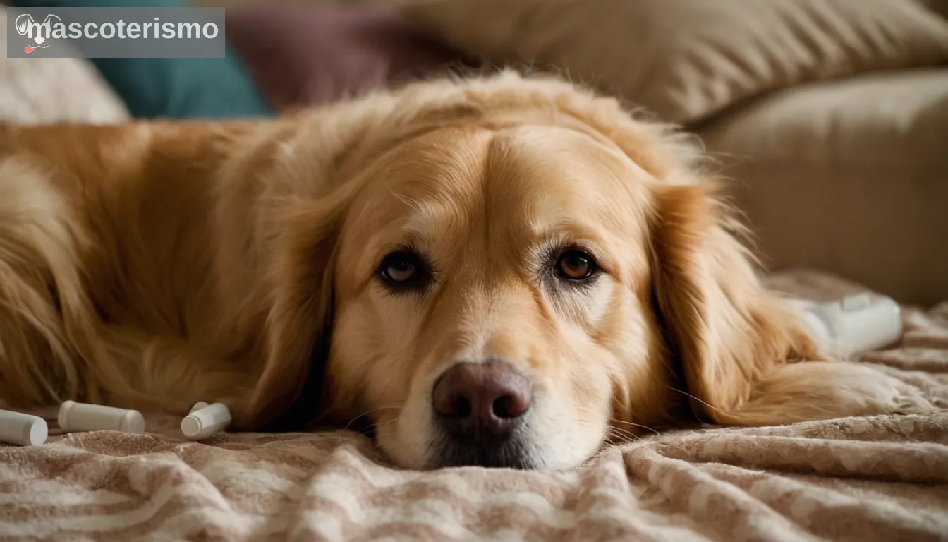 perro mirando hacia la cámara farmacéutica, sosteniendo matrícula, sombrero del fármaco en el hombro, gráfico de dosis recomendada, etiqueta de famotidina destacada, marca de farmacia en la pared, ventana con luz natural iluminando el laboratorio