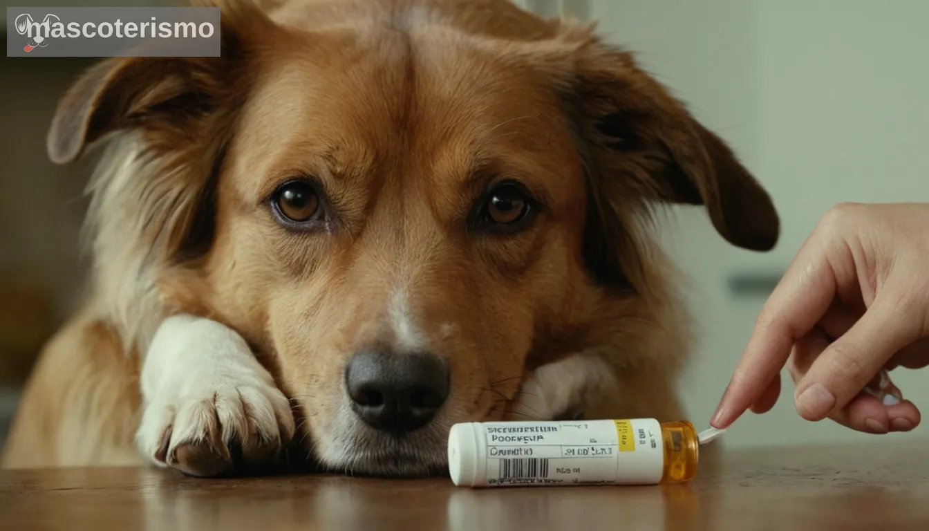 Propietario de un perro administrando una píldora a su mascota, se refiere a la expresión en la cara, disparo de cerca de una botella de medicamento etiquetada con Famotidina, instrucciones de dosificación visibles, símbolos de advertencia alrededor de la etiqueta, notas de consulta veterinarios en el fondo