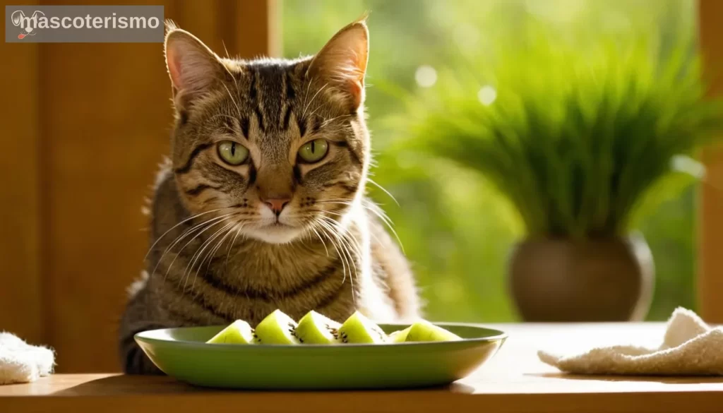 - Un gato doméstico sentado o acostado junto a un tazón que contiene rebanadas de fruta kiwi fresca; su expresión es una de curiosidad y contentamiento mientras interactúa con este inusual regalo para felinos La iluminación en la foto sugiere el tiempo de la mañana