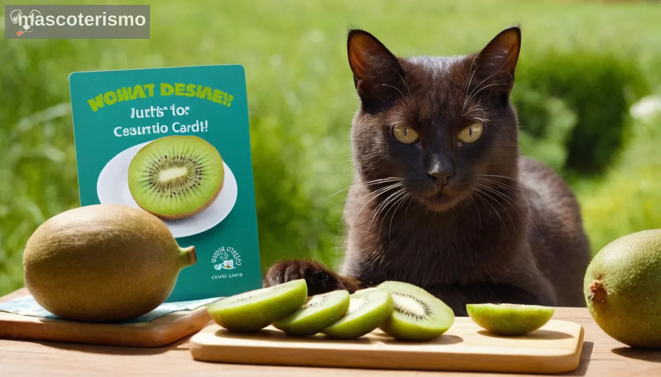 Kiwi fruta, silueta de gato doméstico en una pose relajada, placa veterinaria visible en sombrero o abrigo, soleado y acogedor entorno de patio trasero con zona de hierba Tarjeta de consulta Vet, dueños de mascotas de expresión, pequeña mesa de corte kiwi muestra piezas de kiwi rebanadas listas para la prueba de consumo, fondo de la escena de la cocina Cheerful veterinario que sostiene a un perro amable olfateando una rodaja de kiwi con el signo pulgar hacia arriba en su mano y tranquilizador sonrisa para transmitir mensaje de seguridad sobre frutas en el folleto del plan de dieta de mascotas o folleto mostrado en la mesa junto a kiwi rebanado