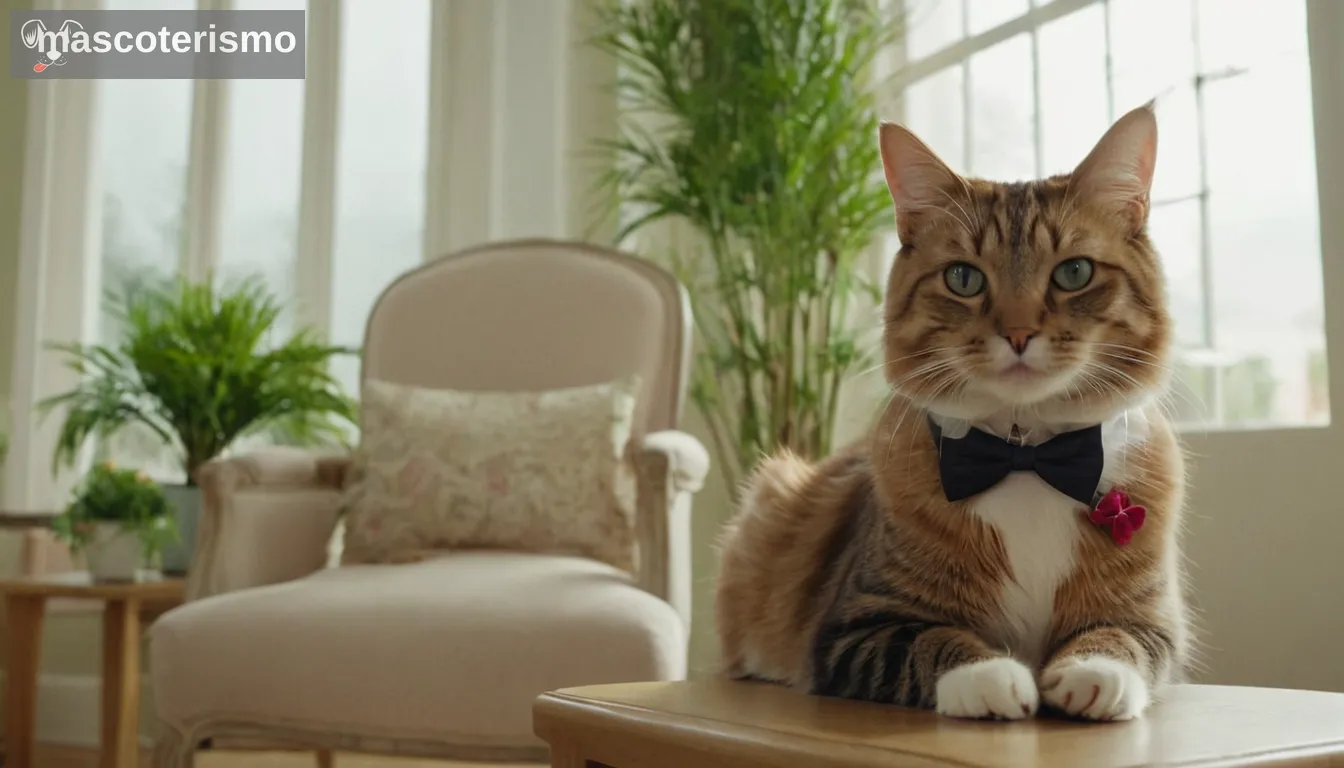 Gato de guitarra con corbata de arco, rodeado de elegantes sillas en el salón con filtro de luz solar a través de grandes ventanales y plantas visibles en estantes o mesas, lo que implica la atención de la cerámica interior para uñas felinos saludables