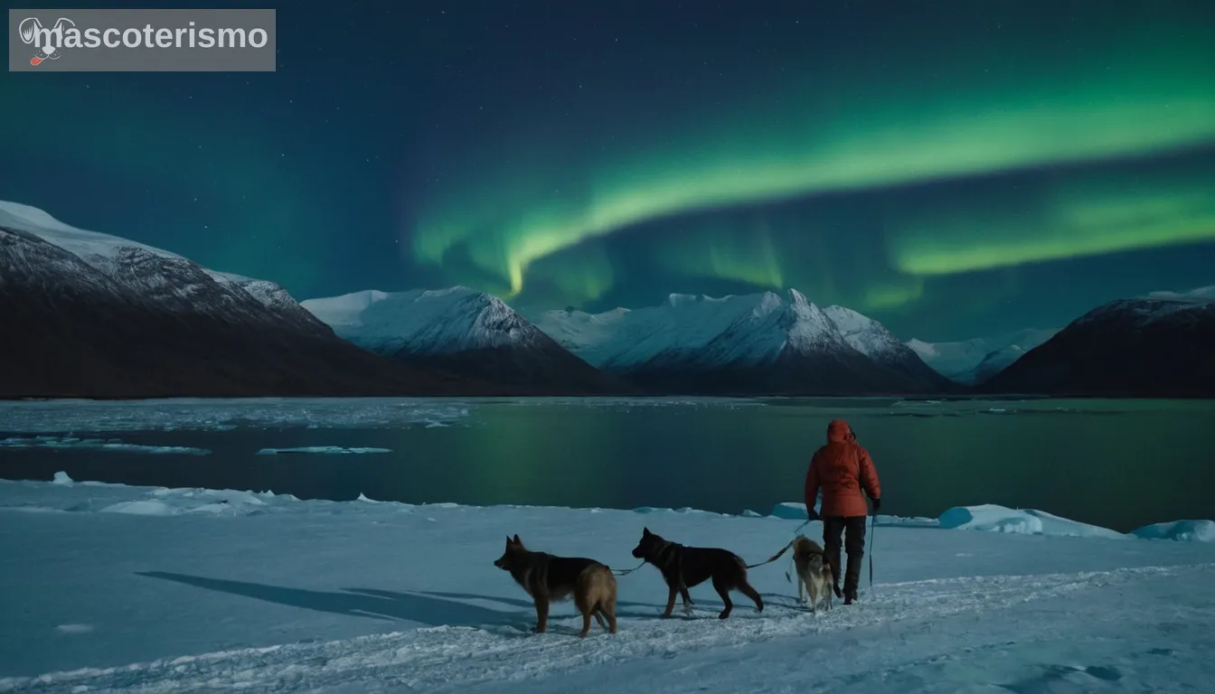 paisaje helado, suelo cubierto de nieve, perro husky trillado en primer plano, cielo azul claro sobre hielo polar, reflejos sobre nieve y superficie de agua, vibrantes Northern Lights débilmente visible en el fondo