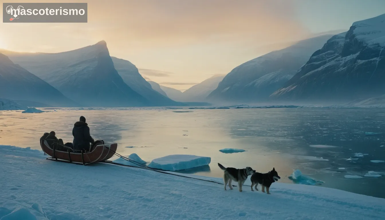 Perro inuit husky, paisaje de invierno, escenario del norte de Canadá, terreno nevado y skyline, perro de aspecto saludable en arnés o collar, tradicional detalle de ropa Inuit visible en propietarios/manejas attire