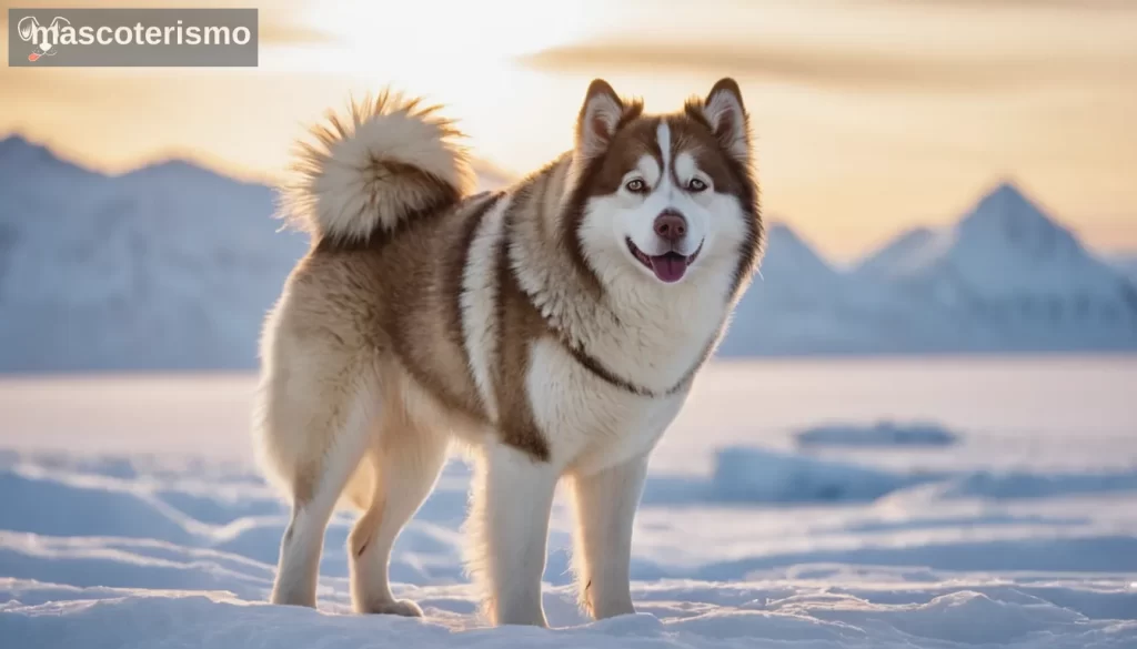 Eskimo perro cubierto de piel contra fondo de paisaje ártico nevado