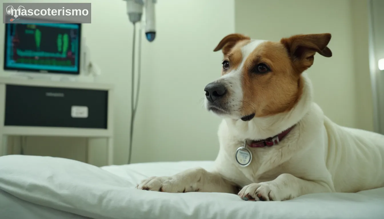 Un perro con patas hinchadas, acostado en una cama cómoda, un veterinario en un abrigo blanco cercano, equipo médico en el fondo, una variedad de opciones de tratamiento mostrado subtly en el primer plano