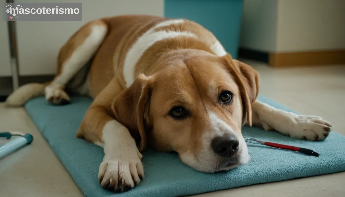 Perro con patas hinchadas, propietario interesado, clínica veterinaria, instrumentos médicos, medicamentos recetados, perro acostado, visualización del proceso de curación