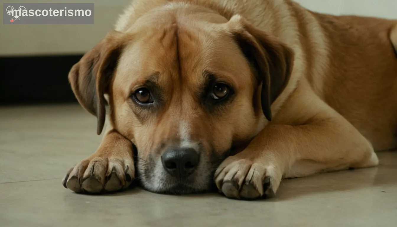 Un perro con patas hinchadas, postura visiblemente incómoda, círculos oscuros alrededor de las almohadillas, piel enrojecida, posiblemente cojera, fondo que sugiere un entorno veterinario o cuidado de mascotas