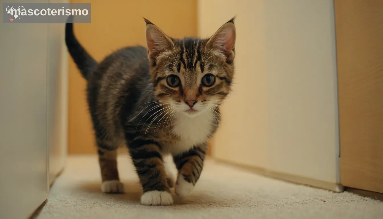 Gato femenino que lleva gatito en boca, moviéndose entre habitaciones o espacios, interacción lúdica, entorno natural y doméstico